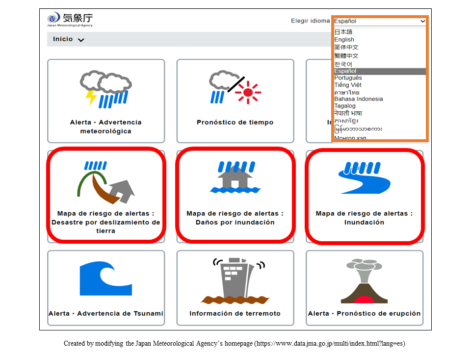 La página web de la Agencia Meteorológica de Japón mapa de riesgo de alertas